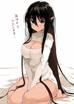  barefoot bed_sheet black_eyes black_hair blush bottomless breasts cleavage elf large_breasts long_hair looking_at_viewer meme_attire naked_sweater nauribon open-chest_sweater original pointy_ears ribbed_sweater sidelocks simple_background sitting solo sweater thighs translated tsurime turtleneck v_arms very_long_hair wariza white_background wide_hips 