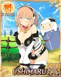  :o =_= animal animal_print bangs bare_shoulders bell bell_collar belt bikini_top black_shorts blush border breast_squeeze breasts bucket bursting_breasts card_(medium) cardigan character_name chibi chibi_inset cleavage cloud collar cow cow_bell cow_print cow_tail cowboy_shot cross-laced_clothes cutoffs day detached_sleeves farm fence field flower garter_straps gradient grass grey_eyes headphones holding holding_weapon holding_whip horns large_breasts leaning_forward long_sleeves looking_at_viewer midriff navel off_shoulder official_art orange_hair outdoors parted_lips red_collar ribbon senran_kagura senran_kagura_new_wave short_hair short_shorts short_twintails shorts sidelocks sky standing strapless surprised tail thigh_gap thighhighs tree twintails ushimaru_(senran_kagura) ushiwakamaru_(senran_kagura) v_arms weapon whip white_belt white_legwear white_ribbon wooden_fence yaegashi_nan 