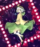  bow commentary_request crying eyeball flower green_eyes hat hat_bow hat_ribbon heart highres kani_(bubblepops) komeiji_koishi looking_at_viewer ribbon rose short_hair silver_hair skirt solo spell_card third_eye touhou 