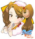  2015 brown_eyes brown_hair eating eyelashes face food gundam gundam_build_fighters gundam_build_fighters_try hair_bobbles hair_ornament holding holding_food horns long_hair looking_to_the_side moudoku_(decopon3rd) portrait sazaki_kaoruko simple_background solo translation_request twintails upper_body white_background 