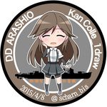  2015 ^_^ arashio_(destroyer) arashio_(kantai_collection) arm_warmers bike_shorts black_legwear blush brown_hair character_name closed_eyes dated facing_viewer full_body hand_on_own_cheek kantai_collection kneehighs long_hair military military_vehicle open_mouth pleated_skirt saratoga_(scharn) school_uniform ship skirt smile solo standing suspenders translated twitter_username warship watercraft 