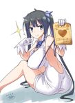  artist_name bare_shoulders black_hair blue_ribbon breasts character_name dated dungeon_ni_deai_wo_motomeru_no_wa_machigatteiru_darou_ka gloves hestia_(danmachi) highres large_breasts long_hair looking_at_viewer marriage_certificate_(object) miyane_aki_(radical_dash) raised_eyebrow rei_no_himo ribbon signature simple_background sitting smile solo thighs translation_request twintails very_long_hair white_background white_gloves 
