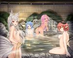  animal_ears blue_eyes blue_hair breasts dark_skin fox_ears fox_tail horns lamia long_hair monster_girl multiple_girls multiple_tails nude onsen original partially_submerged pink_hair pointy_ears pussy red_eyes red_hair short_hair silver_hair small_breasts snake_tail tail tenyoshi_(briansept) yellow_eyes 