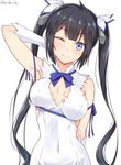  aqua_eyes arm_ribbon armpits artist_name bare_shoulders black_hair blue_bow blue_eyes blue_ribbon bow bowtie breast_lift breasts cleavage cleavage_cutout covered_navel covered_nipples dress dungeon_ni_deai_wo_motomeru_no_wa_machigatteiru_darou_ka gloves hair_ornament hair_ribbon hand_behind_head hand_on_own_head hestia_(danmachi) kanden_suki large_breasts long_hair looking_at_viewer one_eye_closed rei_no_himo ribbon short_dress simple_background sleeveless sleeveless_dress smile solo twintails twitter_username very_long_hair white_background white_dress white_gloves 