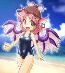  earrings fang green_eyes hat jewelry mystia_lorelei one-piece_swimsuit open_mouth pink_hair school_swimsuit shiny shiny_clothes smile solo swimsuit touhou wings winn 