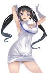  armpits arms_up black_hair blue_eyes blue_ribbon breasts cleavage_cutout covered_navel dress dungeon_ni_deai_wo_motomeru_no_wa_machigatteiru_darou_ka gloves hestia_(danmachi) jack_hamster large_breasts long_hair rei_no_himo ribbon solo twintails white_dress 