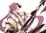  chikafuji japanese_clothes male_focus open_mouth polearm pom_pom_(clothes) ponytail red_hair sarashi siddham smile solo spear tonbokiri_(touken_ranbu) touken_ranbu weapon yari yellow_eyes 