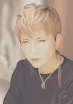  1boy 2012 black_shirt blonde_hair blue_eyes contacts earring gackt j-rock looking_at_viewer male male_focus musician necklace photorealistic realistic shirt solo 