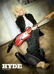  2010 blonde_hair boots character_name cross-laced_footwear eyes_closed guitar hyde_(l&#039;arc~en~ciel) hyde_(l'arc~en~ciel) instrument j-rock l&#039;arc~en~ciel l'arc~en~ciel lace-up_boots legs_crossed male male_focus musician photorealistic realistic sitting solo 