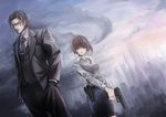  1girl black_hair brown_hair cigarette cityscape formal gun holding holding_gun holding_weapon holster koh_(minagi_kou) looking_at_viewer necktie psycho-pass smoking suit tougane_sakuya tsunemori_akane weapon 