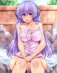  between_legs blush breasts collarbone covering covering_crotch fence hand_between_legs hanyuu hasu_(hk_works) higurashi_no_naku_koro_ni horns large_breasts long_hair looking_at_viewer naked_towel onsen open_mouth purple_eyes purple_hair rock sitting smile solo towel very_long_hair 