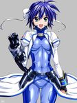  :d ahoge aqua_eyes armor bangs blue_hair bodysuit bow breasts clenched_hands cosplay covered_navel cowboy_shot cropped_jacket cross-laced_clothes facial_mark faulds fingerless_gloves gem gloves grey_background hair_between_eyes happy headband hips jacket long_sleeves looking_at_viewer lyrical_nanoha magical_girl mahou_shoujo_lyrical_nanoha_strikers mismatched_gloves nove_(nanoha) nove_(nanoha)_(cosplay) numbers'_uniform numbers_(nanoha) open_clothes open_jacket open_mouth revolver_knuckle roman_numerals sen_(sansui) shiny shiny_clothes short_hair showgirl_skirt simple_background skirt small_breasts smile solo standing subaru_nakajima taut_clothes turtleneck vambraces 
