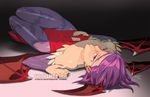  1girl bare_shoulders bat-print_stockings bat_wings dark_background demon_girl flat_chest jeffrey_cruz leotard lilith_aensland lying on_back purple_hair vampire_(game) web_address wings 