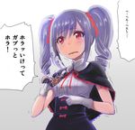  blush capelet crossover drill_hair gloves idolmaster idolmaster_cinderella_girls kamen_rider kamen_rider_kiva kamen_rider_kiva_(series) kanzaki_ranko kivat-bat_iii long_hair o223 open_mouth red_eyes silver_hair solo translated twin_drills twintails 