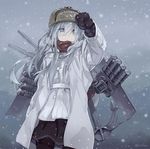  alternate_costume amagai_tarou black_legwear blue_eyes coat fur_hat gloves hat hibiki_(kantai_collection) kantai_collection long_hair machinery pantyhose russian_clothes scarf silver_hair snow solo turret ushanka verniy_(kantai_collection) winter_clothes winter_coat 