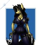  2015 anthro badge black_hair breasts cleavage clothed clothing cuffs equine fan_character female gun hair handcuffs handgun horn looking_at_viewer mammal metalfoxxx my_little_pony nightstick police police_uniform radio ranged_weapon shackles solo unicorn weapon yellow_eyes 
