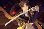  armor blue_eyes brown_hair cotta flower heshikiri_hasebe japanese_armor katana male_focus shoulder_armor sode solo sword touken_ranbu upper_body weapon 