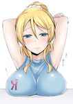  arms_behind_head ayase_eli blonde_hair blue_eyes breast_rest breasts hair_ornament hairclip large_breasts looking_at_viewer love_live! love_live!_school_idol_project miyamoto_rizu ponytail simple_background solo white_background 