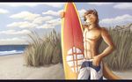  2011 anthro beach black_nose blue_eyes clothed clothing fluke fur hair half-dressed male mammal muscles mustelid necklace nipples otter outside sea seaside smile solo surfboard topless water 