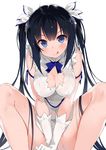  :q arm_ribbon black_hair blue_eyes blue_ribbon blush bow breasts cleavage cleavage_cutout dress dungeon_ni_deai_wo_motomeru_no_wa_machigatteiru_darou_ka gloves hair_ornament hair_ribbon hestia_(danmachi) large_breasts long_hair looking_at_viewer nauribon rei_no_himo ribbon simple_background smile solo sweat tongue tongue_out twintails white_background white_dress white_gloves 