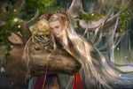 2boys blonde_hair elf elk family father_and_son forest highres king legolas long_hair middle_earth multiple_boys nature pointy_ears prince thranduil younger 