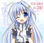  ;d blue_eyes blush double_v endori fingerless_gloves gloves hair_ornament long_hair lyrical_nanoha magical_girl mahou_shoujo_lyrical_nanoha_strikers mahou_shoujo_lyrical_nanoha_vivid one_eye_closed open_mouth reinforce_zwei shiny shiny_hair silver_hair smile solo twitter_username v x_hair_ornament 