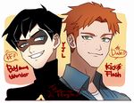  black_hair blue_eyes dc_comics dick_grayson domino_mask grin male male_focus mask multiple_boys orange_hair robin_(dc) smile wally_west young_justice:_invasion 