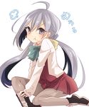  1girl adjusting_clothes adjusting_shoe ahoge blush bow bowtie grey_eyes grey_hair hair_ribbon highres kantai_collection kiyoshimo_(kantai_collection) long_hair long_sleeves looking_at_viewer low_twintails orqz pantyhose pout ribbon solo twintails very_long_hair 