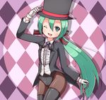  a-ktoo cane checkered checkered_background fishnet_pantyhose fishnets gloves green_eyes green_hair hat hatsune_miku leotard long_hair low_ponytail magician magician_(module) one_eye_closed pantyhose project_diva project_diva_(series) thighhighs top_hat vocaloid 
