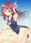  adjusting_hair arm_support arm_up armpits artist_name beach blush brown_eyes brown_hair day downscaled hair_ornament imu_sanjo kantai_collection kisaragi_(kantai_collection) long_hair lying md5_mismatch one-piece_swimsuit resized sand school_swimsuit skin_tight smile solo swimsuit water wind 