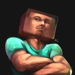  artist_name at2. black_background black_hair dark_skin dark_skinned_male facial_hair highres male_focus minecraft purple_eyes short_sleeves simple_background solo steve? upper_body 