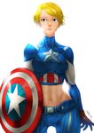  blonde_hair blue_eyes captain_america genderswap genderswap_(mtf) marvel midriff navel santa_fung shield short_hair solo steve_rogers superhero 