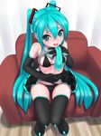  aqua_eyes aqua_hair bikini black_bikini black_footwear boots couch elbow_gloves gloves hatsune_miku long_hair necktie o-minato open_mouth shirt_lift sitting skirt skirt_lift solo swimsuit thigh_boots thigh_gap thighhighs twintails very_long_hair vocaloid 