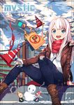  bad_id bad_pixiv_id blue_eyes boots can cloud erere fur_trim highres holding holding_can jacket long_hair long_sleeves no_parking_sign open_mouth original outdoors pants scarf shirt sitting snow snowman stairs traffic_cone traffic_light white_hair |_| 
