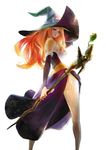  ass bare_shoulders bengus breasts detached_sleeves dragon's_crown hat large_breasts long_hair long_skirt looking_back orange_hair side_slit skirt solo sorceress_(dragon's_crown) staff striped vertical_stripes witch_hat 