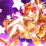  amanogawa_kirara bare_shoulders boots brown_hair buntan choker cure_twinkle dress earrings gloves go!_princess_precure jewelry long_hair magical_girl multicolored_hair open_mouth orange_hair precure purple_eyes smile solo star star_earrings starry_background thigh_boots thighhighs twintails two-tone_hair white_gloves white_legwear 