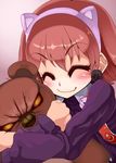  animal_ears annie_hastur closed_eyes fake_animal_ears highres irodori_(irotoridori) league_of_legends object_hug red_hair short_hair smile stuffed_animal stuffed_toy teddy_bear tibbers 