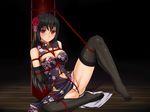  bare_shoulders bdsm black_hair black_legwear bondage bound breasts china_dress chinese_clothes cleavage dress flower gloves hair_flower hair_ornament highres large_breasts long_hair midnight_(banyex) original red_eyes solo thighhighs underwear 