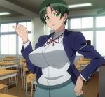  1girl breasts female green_eyes green_hair highres large_breasts looking_at_viewer momokino_yuu screencap short_hair smile solo standing stitched triage_x 