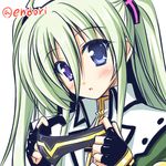  :o blue_eyes blush einhart_stratos endori fingerless_gloves gloves grey_hair headwear_removed heterochromia long_hair lyrical_nanoha mahou_shoujo_lyrical_nanoha_vivid purple_eyes shiny shiny_clothes shiny_skin solo twintails twitter_username visor_(armor) 