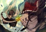  action battle black_hair blue_eyes duel hakama hako_ichiiro high_ponytail izumi-no-kami_kanesada japanese_clothes katana male_focus multiple_boys scarf shinsengumi sword touken_ranbu weapon white_scarf yamato-no-kami_yasusada 