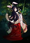  absurdres animal_ears black_hair breasts bunny_ears chushengdao fan folding_fan highres japanese_clothes kimono long_hair looking_at_viewer low-tied_long_hair medium_breasts million_arthur_(series) open_mouth purple_eyes sideboob smile solo very_long_hair 