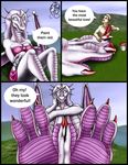 2003 anthro bra breasts brown_hair claws clothed clothing comic dragon duo feet foot_fetish foot_focus hair horn human male mammal markie open_mouth outside painting pink_scales purple_hair purple_scales scalie sitting size_difference skirt teeth toe_claws underwear white_eyes wings 