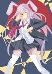  animal_ears blazer blue_skirt bunny_ears collared_shirt dong_pian hand_over_eye jacket long_hair looking_to_the_side necktie open_blazer open_clothes open_jacket pose purple_hair red_neckwear reisen_udongein_inaba shirt skirt smile solo thighhighs thighs touhou very_long_hair white_legwear 