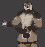  abs alcohol anthro balls beer beverage big_balls big_muscles big_penis black_penis blue_eyes brown_fur claws clothed clothing erection feline fur grey_background half-dressed humanoid_penis hybrid jockstrap lynx male mammal muscles partially_clothed pecs penis pirun pirun_(artist) plain_background smile solo standing thick_penis topless uncut underwear 