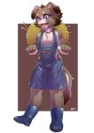  anthro blue_eyes brown_fur canine catmuti clothing dog fur hat looking_at_viewer male mammal muscular muscular_male open_mouth overalls simple_background smile solo standing straw_hat sweat 