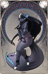  2015 ankle_cuffs anthro art_nouveau black_hair blue_skin breasts chain digital_media_(artwork) faedora female fur grey_fur hair horn jackthekipper long_hair looking_at_viewer mammal moon navel navel_piercing nude open_mouth piercing red_eyes shackles solo star tail_mouth tokaido tongue tongue_out unknown_species 