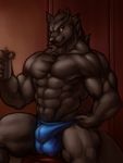  abs alcohol amber_eyes anthro beer beverage big_muscles black_fur black_nose bulge canine clothed clothing fur half-dressed inside male mammal muscles pecs pirun_(artist) sitting solo speedo swimsuit tight_clothing topless wolf 