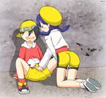  1girl artist_request ass bike_shorts black_hair blue_eyes blue_hair blush crystal_(pokemon) erection eyes_closed fingering from_behind goggles gold_(pokemon) handjob hat highres jacket long_hair open_mouth penis pokemon pokemon_(game) pokemon_gsc shoes short_hair shorts through_clothes twintails 