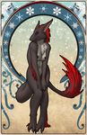  2015 anthro art_nouveau breasts chest_tuft claws digital_media_(artwork) digitigrade female fur grey_fur looking_at_viewer mammal mountain multicolored_fur navel nipples nude outside piercing purple_eyes red_fur sergal smile snow snowflake solo standing tail_tuft toe_claws tokaido tuft valeena_(dharsii) 